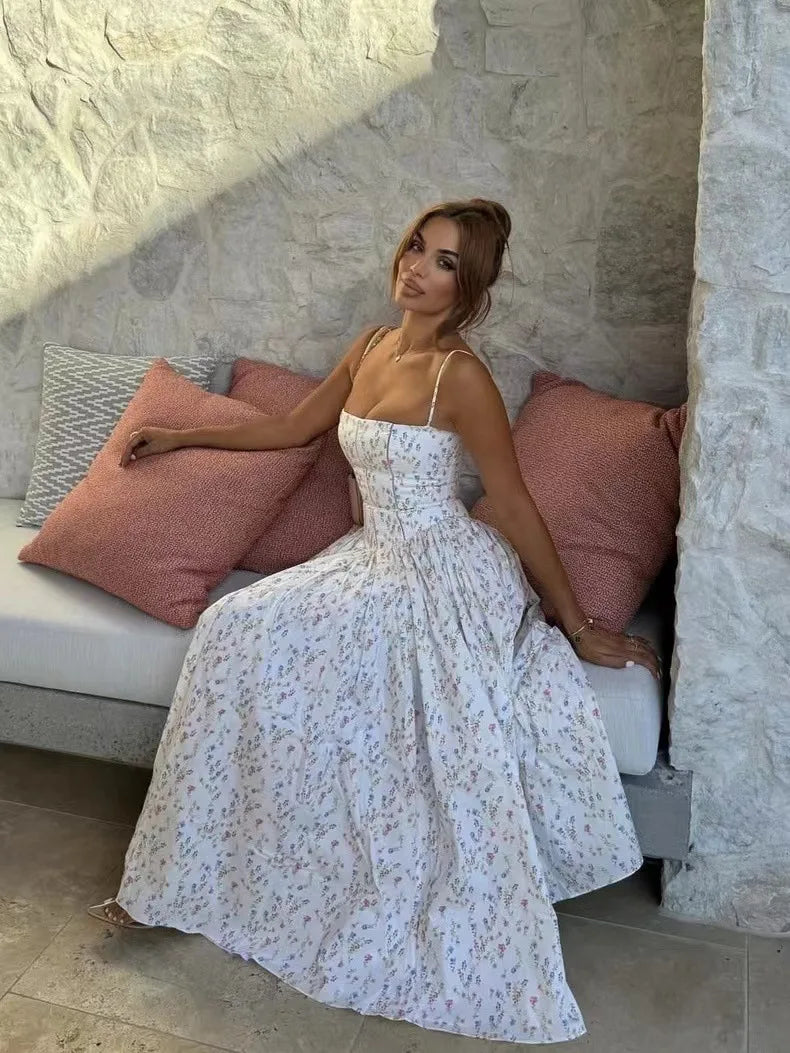 Elegant Floral Long Sundress Women's High Waist Hollow Out Dress White Sun Dresses Summer 2025 New In Evening Graduation Part