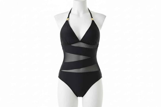 Mesh Patchwork Halter One Piece Swimsuit - Brazilian Cut Monokini