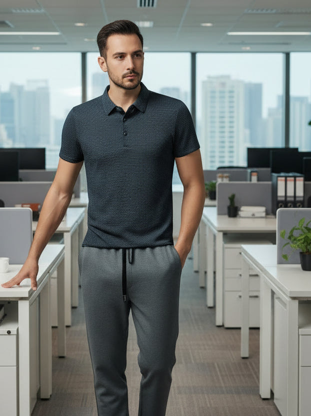 New Men's Business Casual Short Sleeved Bone Flower Solid Color POLO Shirt Fashion Breathable Comfortable Summer Versatile To