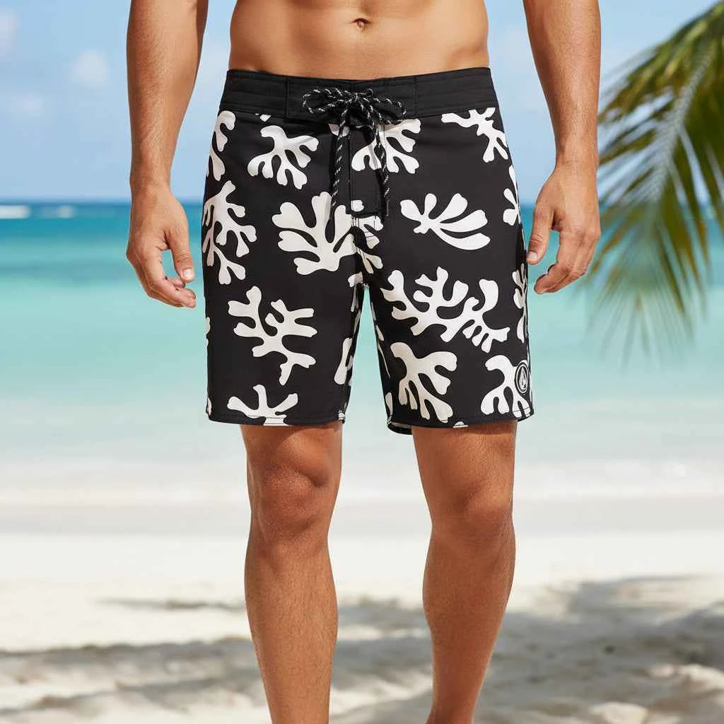 Men's 4-Way Stretch Quick-Dry Board Shorts Black w white pattern