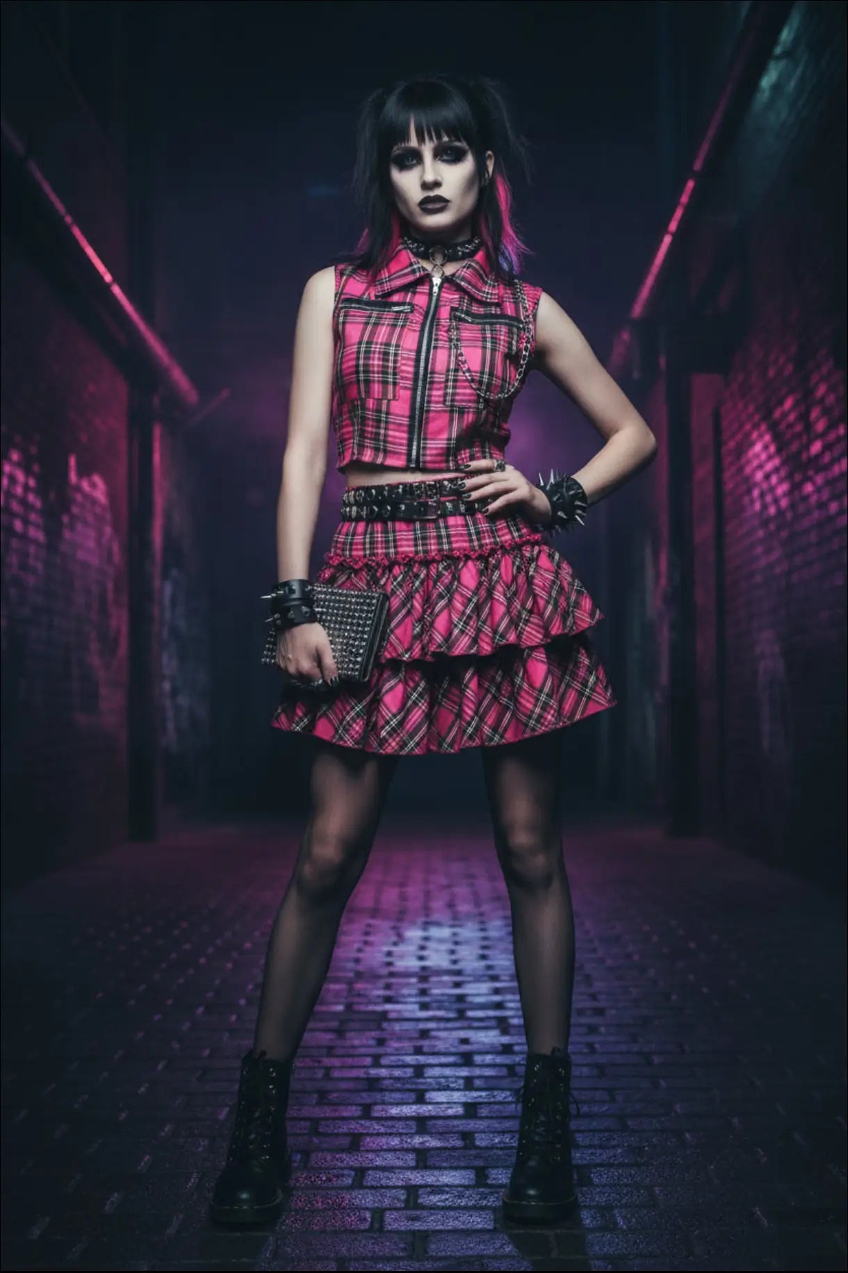 Gothic Punk Separates - Zipper Crop Top & Plaid Skirt