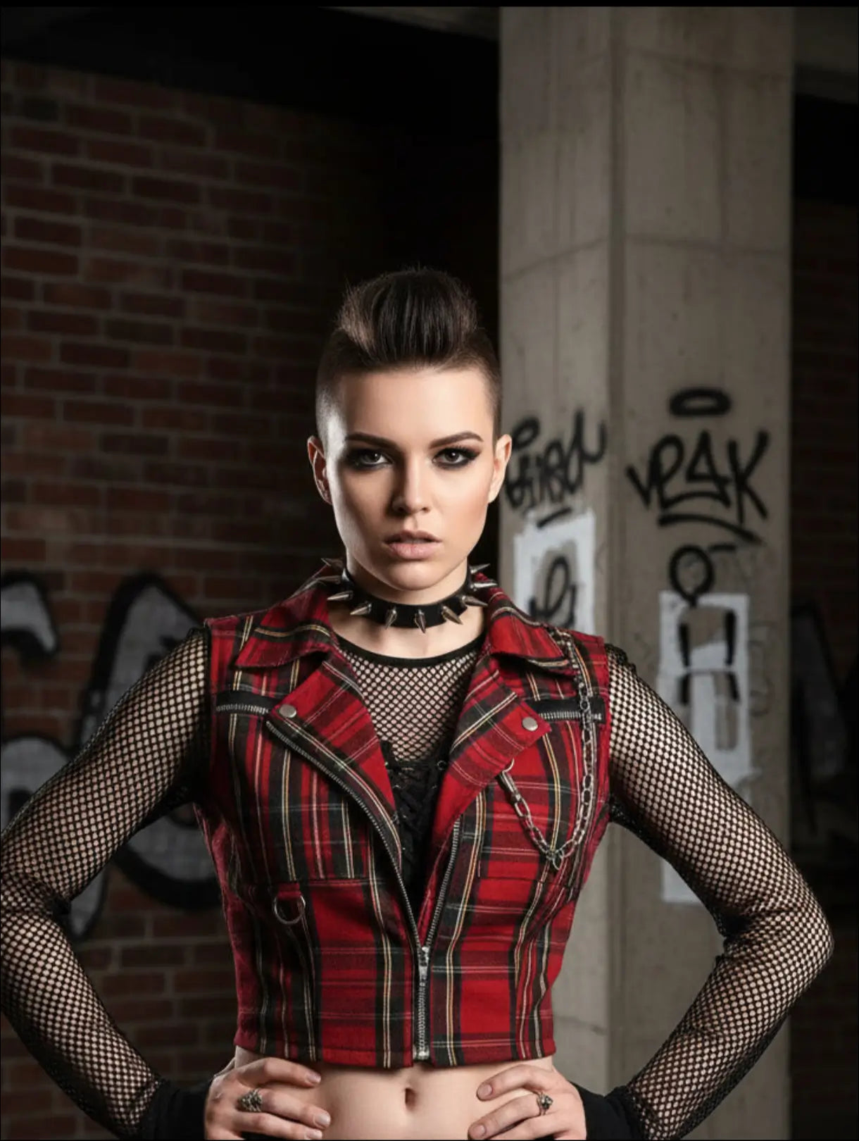 Gothic Punk Separates - Zipper Crop Top & Plaid Skirt