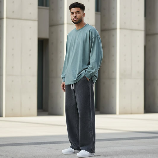 Men's Baggy Jeans - Korean Fashion Elastic Waist Wide Leg Denim Pants Grey