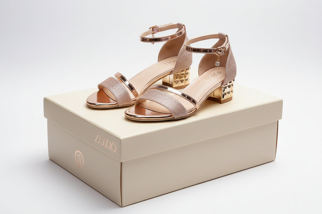 Women's Champagne Gold Block Heel Sandals - Square Toe Ankle Strap - Matt's random items Footwear (Image 4)