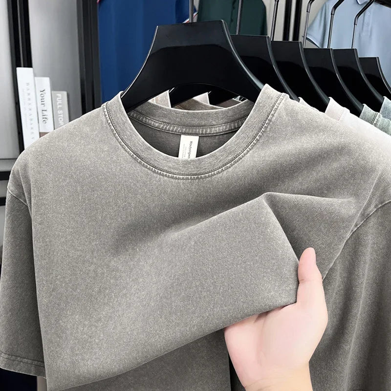 American Style Retro Heavyweight Solid Color Short Sleeved T-shirt - Image 2