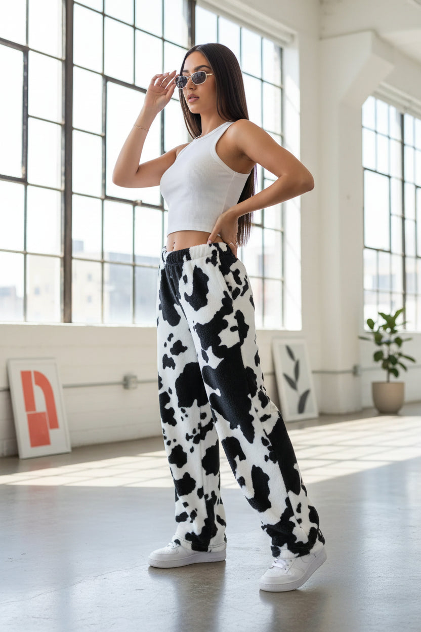Women's Print Wide Leg Lounge Pants - Elastic Waist Drawstring Casual Trousers Black and white cow print