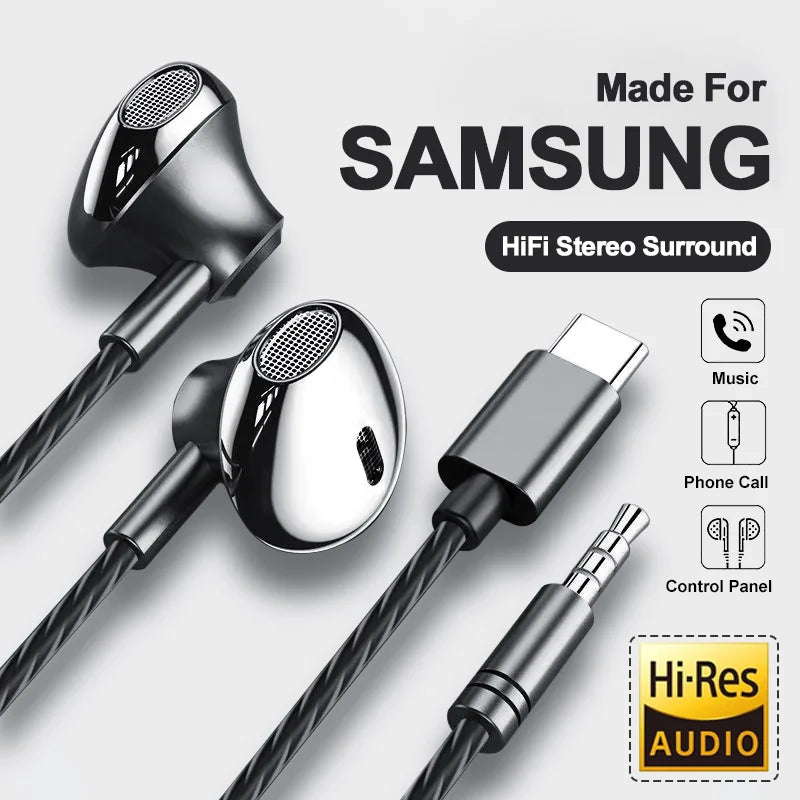 USB Type C Headphone HiFi Bass Stereo Volume Control Mic 3.5mm Wired Earbuds For Galaxy S24 S23 S22 S21 Ultra iPhone 15 Pro M