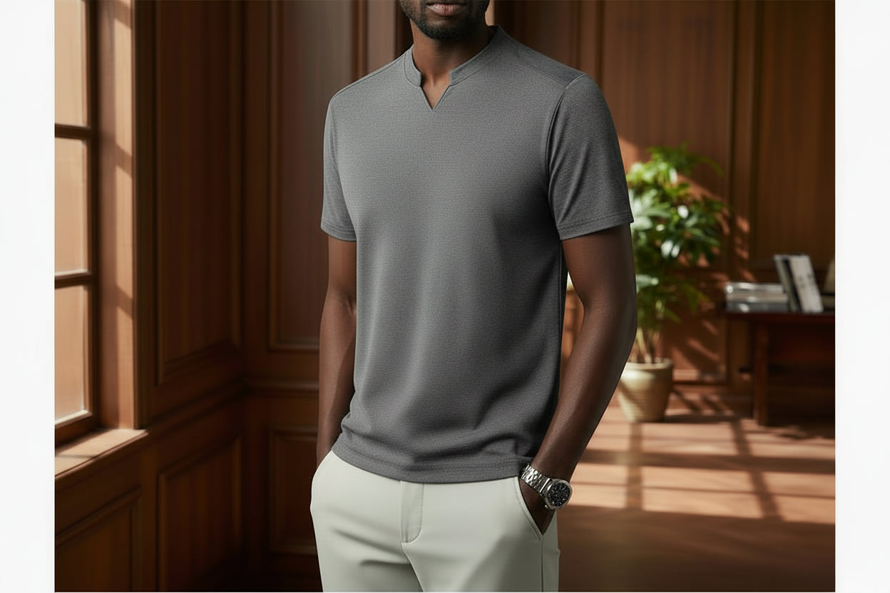 Korean Men's Casual and Fashionable Small V-neck Solid Color Short Sleeved T-shirt Comfortable Summer Versatile Top - Image 1