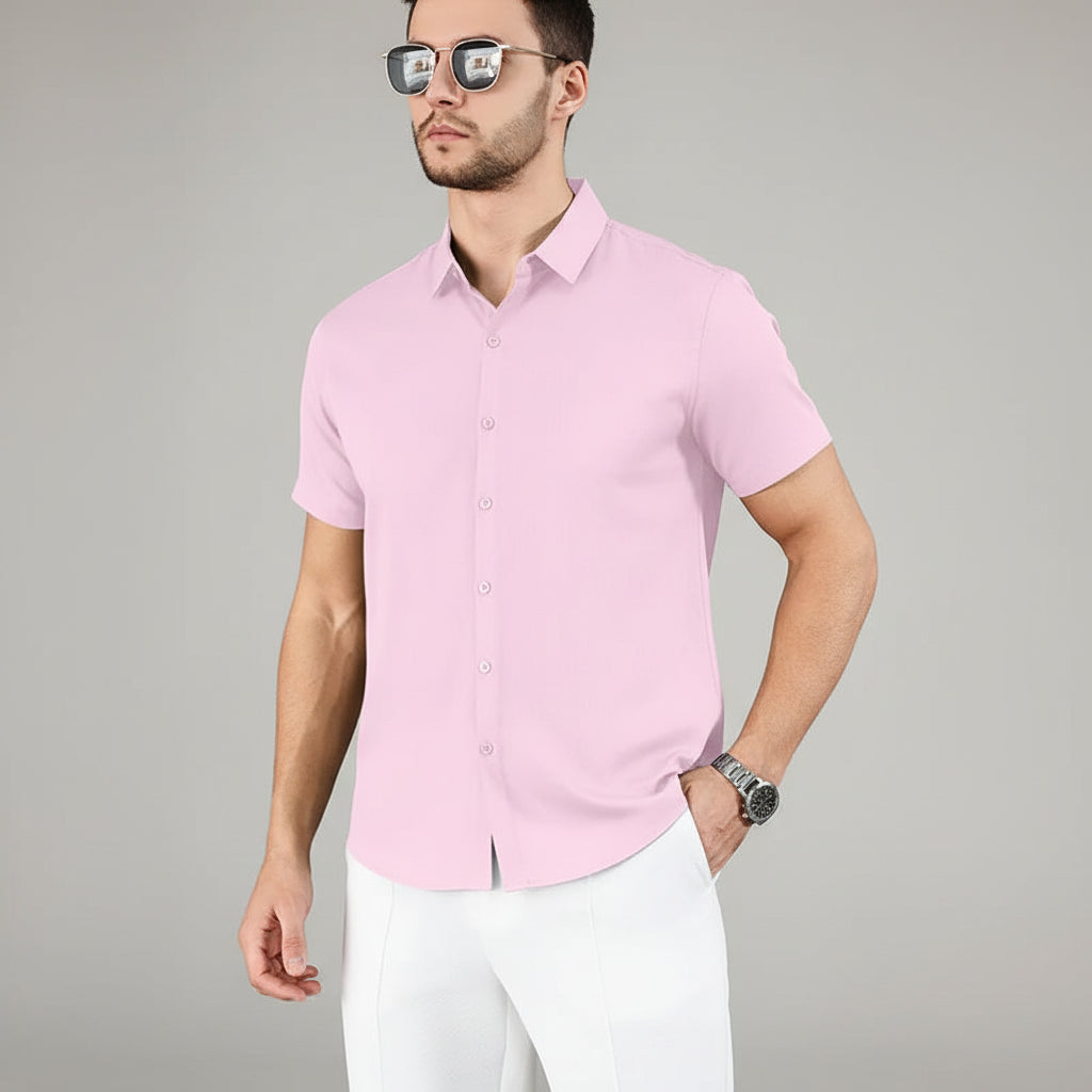 New Men's Business Casual Solid Color Short Sleeved Shirt for Summer Fashion No Ironing Comfortable and Versatile Top - Image