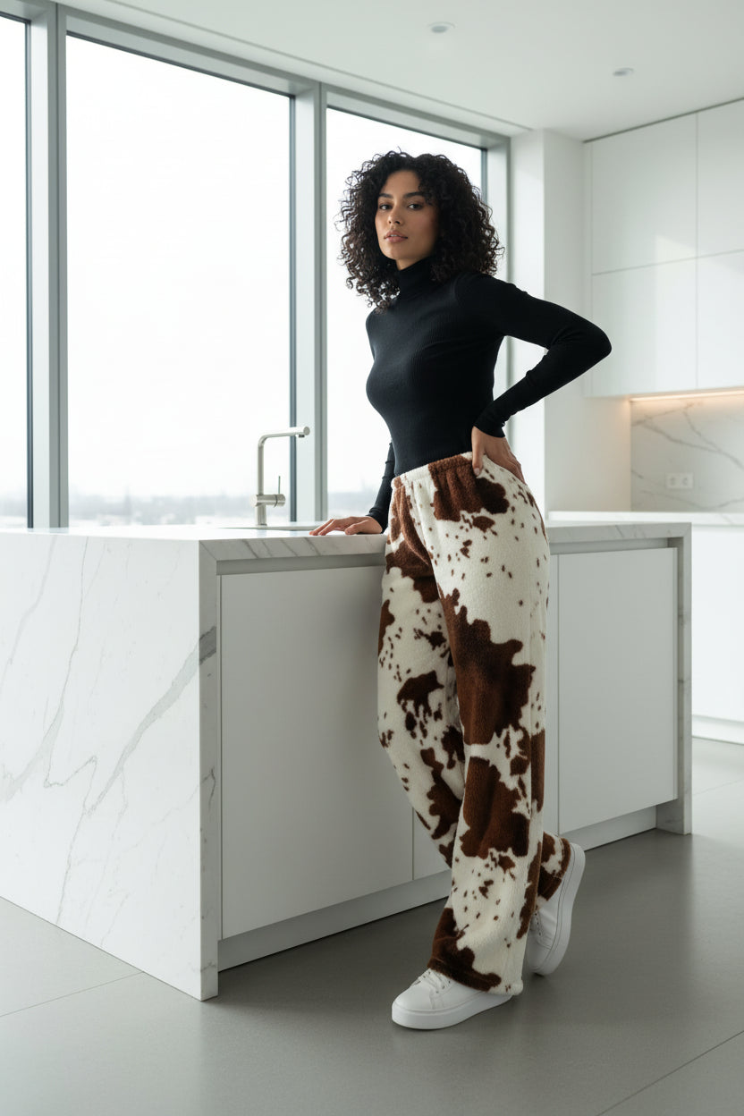 Women's Print Wide Leg Lounge Pants - Elastic Waist Drawstring Casual Trousers Brown cow print