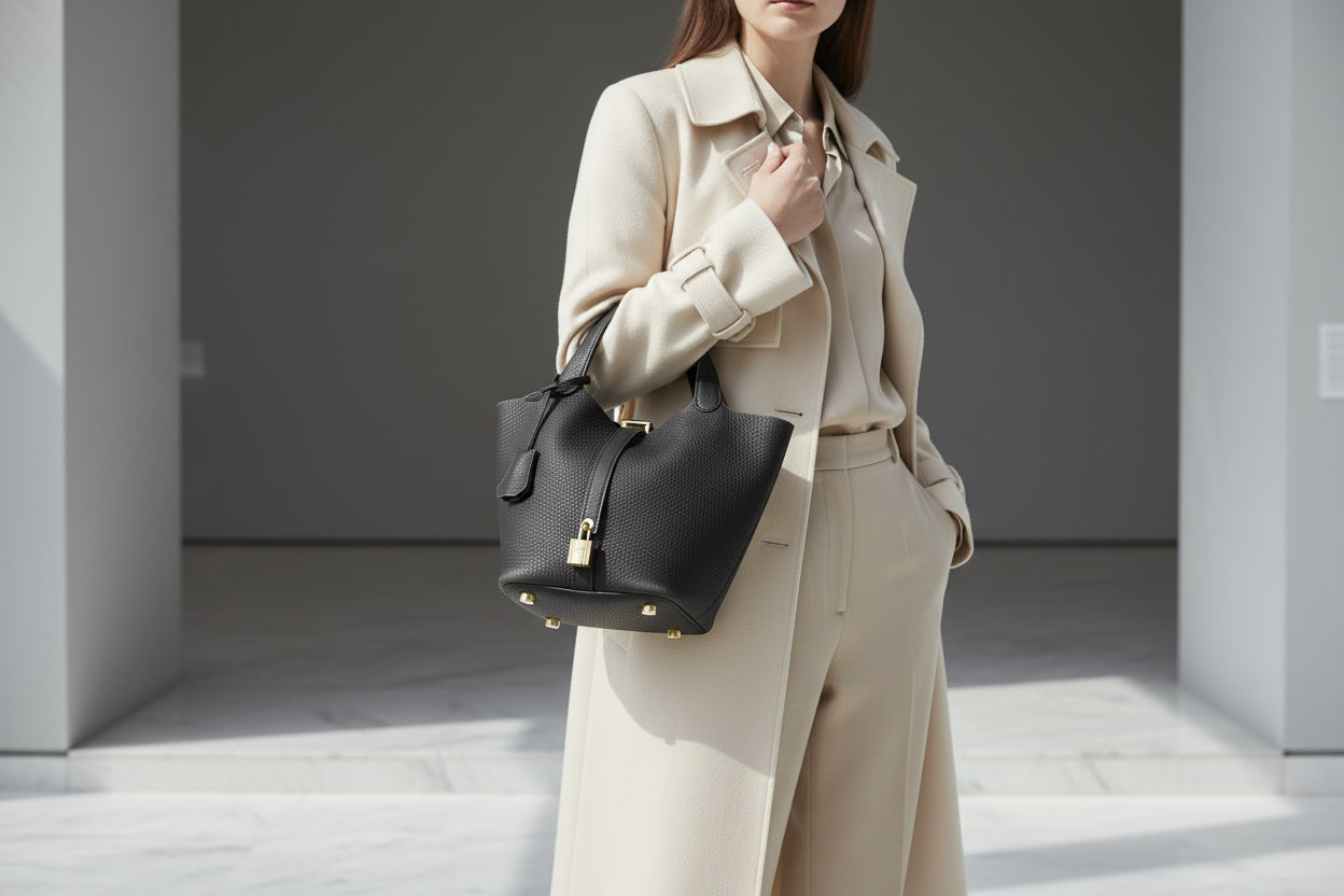 Luxury Leather Bucket Bag - Soft Cowhide Handbag