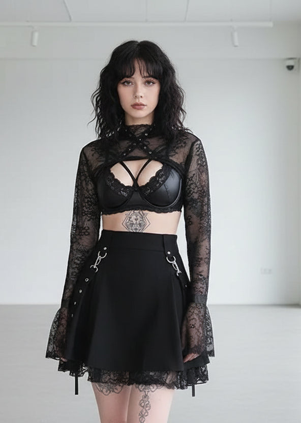 Harajuku Punk Gothic Black High Waist Black Skirts Women Sexy Patchwork Bandage Mini Female Streetwear Black Skirt - Image 2