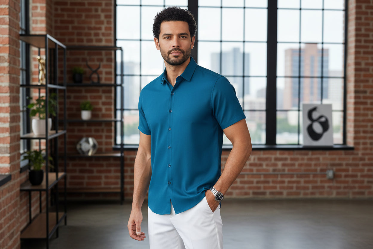 New Men's Business Casual Solid Color Short Sleeved Shirt for Summer Fashion No Ironing Comfortable and Versatile Top - Image