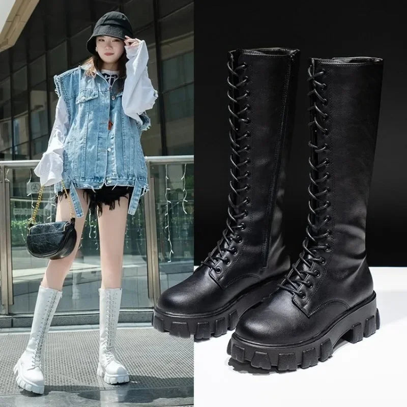 Women's Mid Calf Boots Padded Shoes Knee High Winter Sneakers Punk Style Military Casual White Black 2024 Lucury Platform Wom