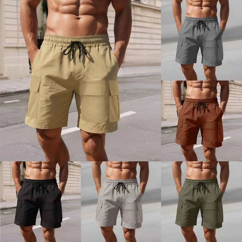 Men's Multi-Pocket Cargo Shorts - Drawstring Loose Fit Sports Shorts