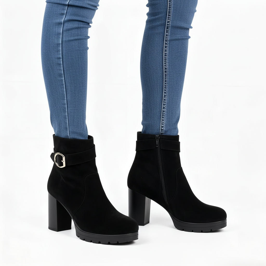Women's Black Suede Ankle Boots - Chunky Block Heel with Gold Buckle (Stylish Ankle Boots with Side Zipper, Comfortable Low H