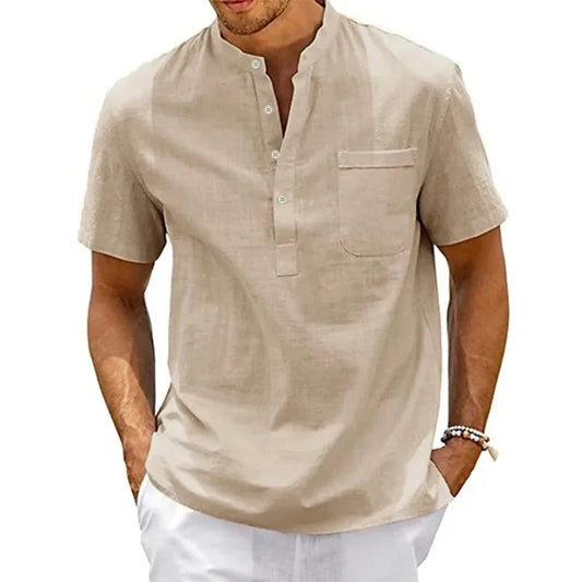 Cotton Linen Shirt Men Henley Neck Pocket. (Overseas product) - Image 1