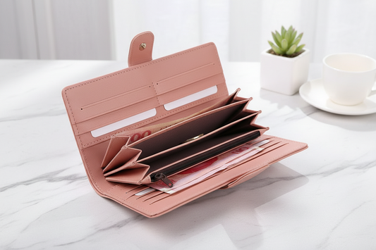 Elegant Women's Leather Trifold Wallet - Long Clutch with Zip Coin Pocket & Card Holder