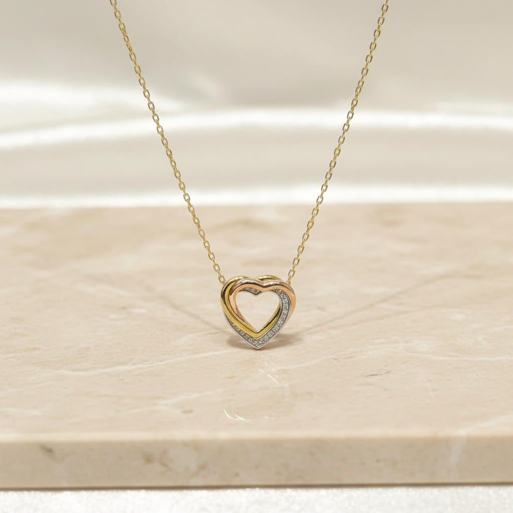 Three Tone Gold Heart Necklace - Diamond Pave Pendant Dainty Valentine's Day Gift - Matt's random items Jewelry (Image 2)