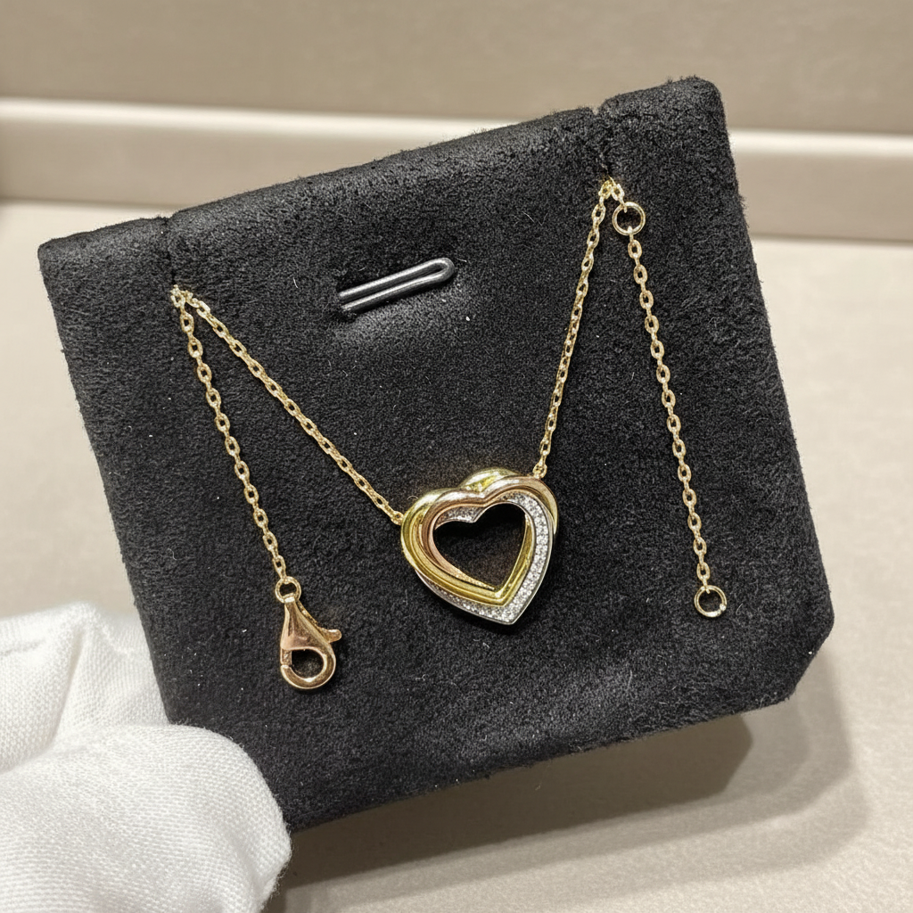 Three Tone Gold Heart Necklace - Diamond Pave Pendant Dainty Valentine's Day Gift - Matt's random items Jewelry (Image 1)