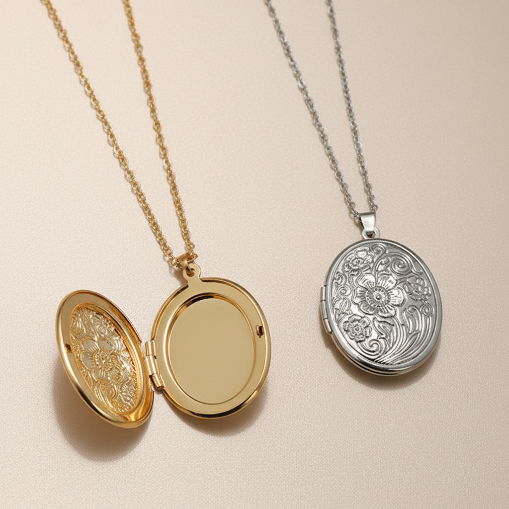 Locket Necklace - Oval Carved Locket Pendant with Love Keepsake Photo Holder - Matt's random items Jewelry (Image 1)