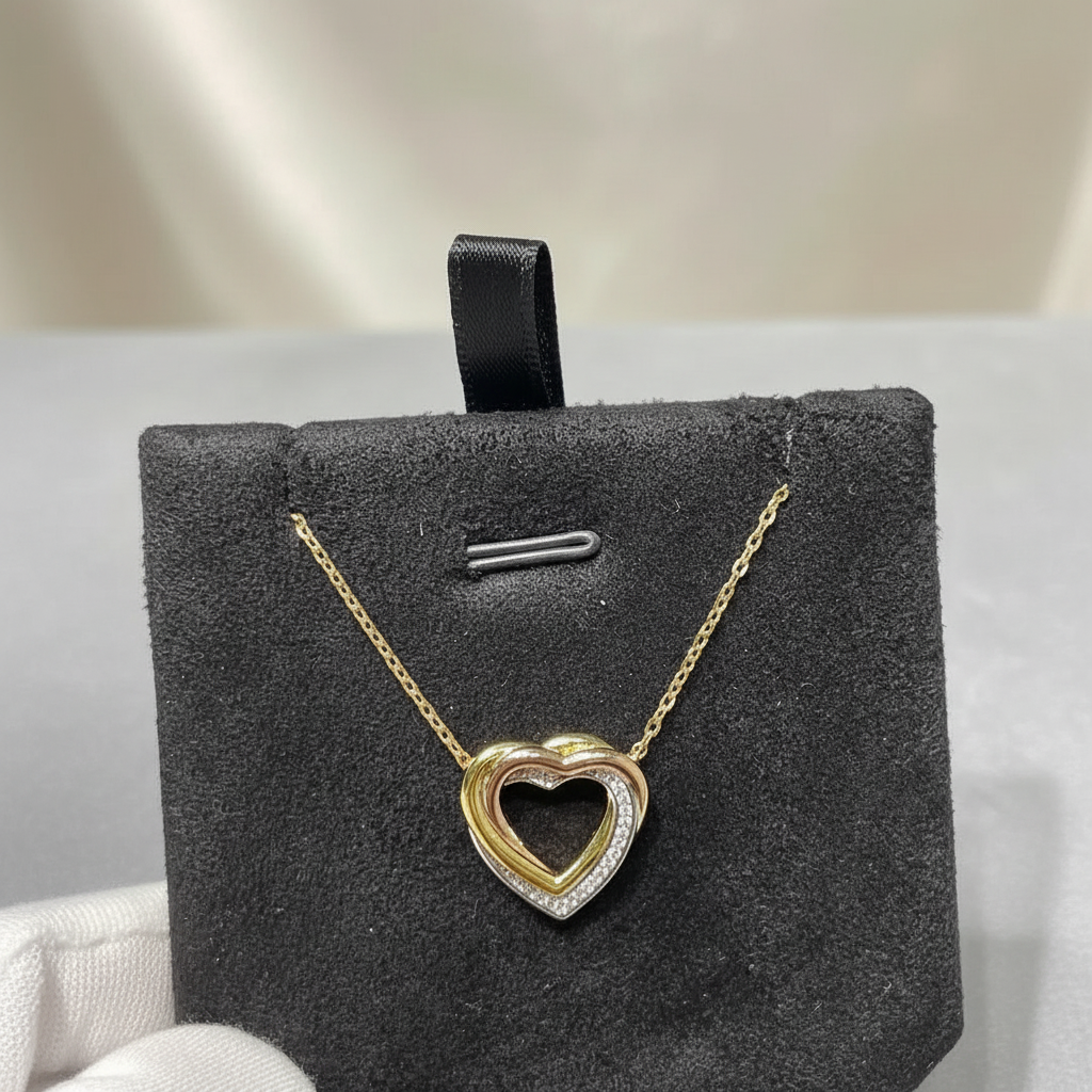 Three Tone Gold Heart Necklace - Diamond Pave Pendant Dainty Valentine's Day Gift - Matt's random items Jewelry (Image 3)