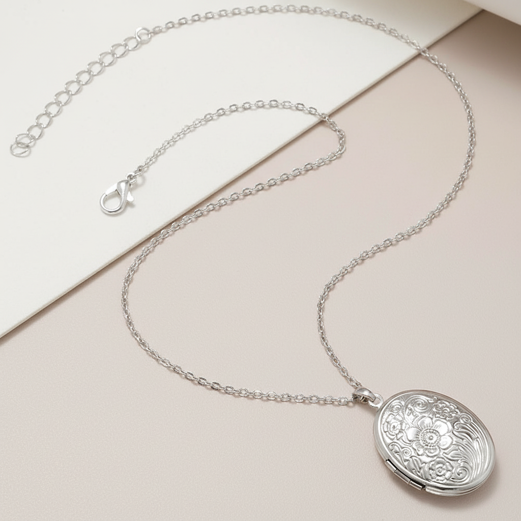 Locket Necklace - Oval Carved Locket Pendant with Love Keepsake Photo Holder - Matt's random items Jewelry (Image 3)