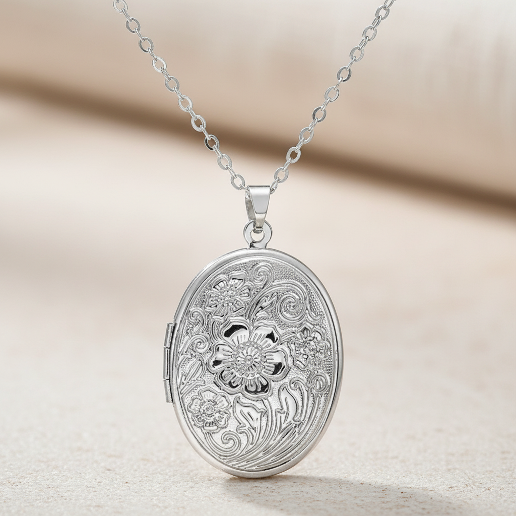 Locket Necklace - Oval Carved Locket Pendant with Love Keepsake Photo Holder - Matt's random items Jewelry (Image 4)