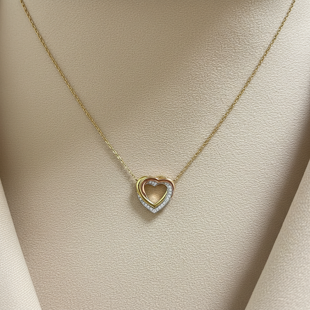 Three Tone Gold Heart Necklace - Diamond Pave Pendant Dainty Valentine's Day Gift - Matt's random items Jewelry (Image 5)