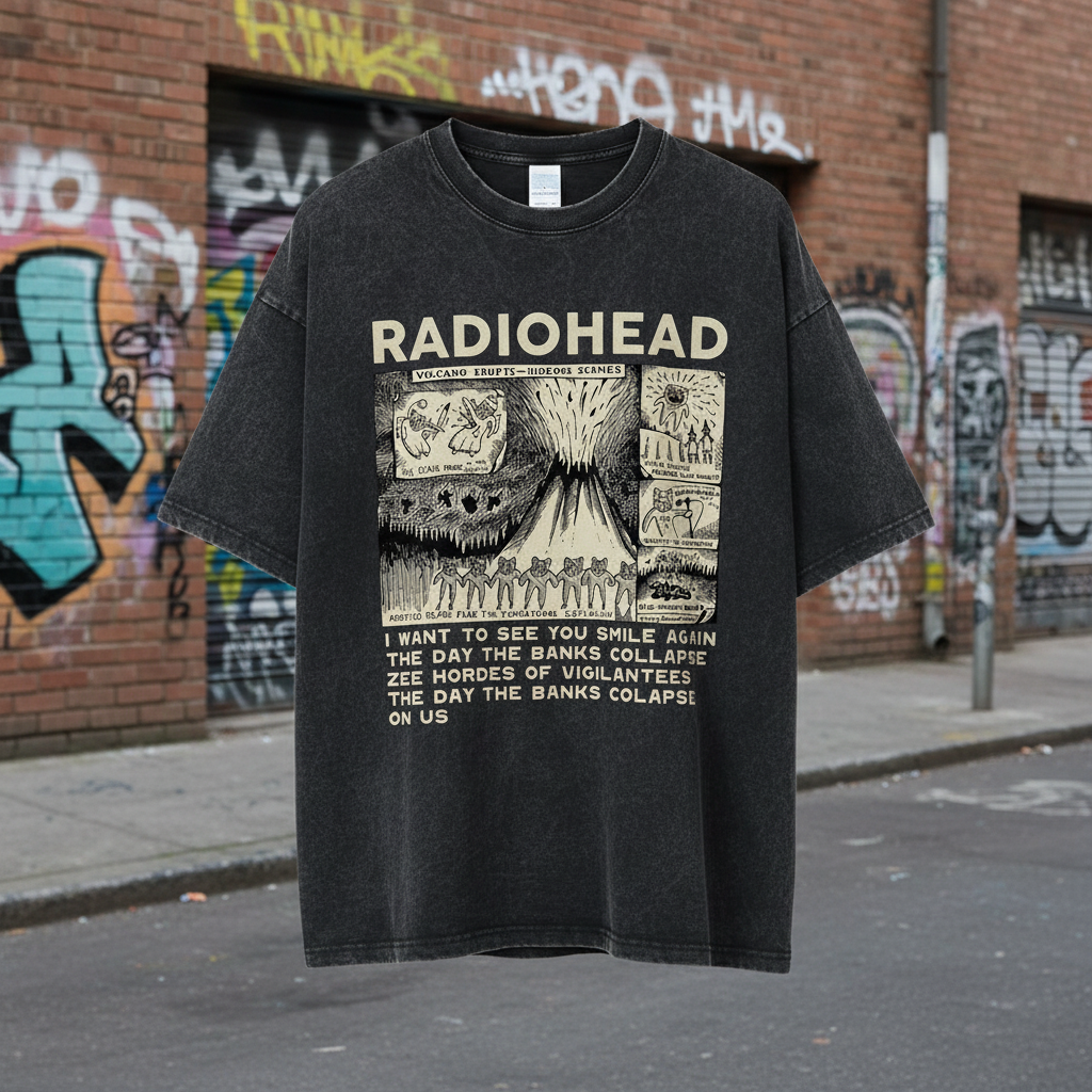Radiohead Rock Band T-Shirt on urban brick wall with graffiti