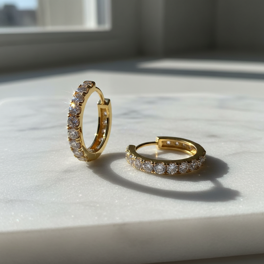 BAMOER 925 Sterling Silver Moissanite Hoop Earrings on marble display