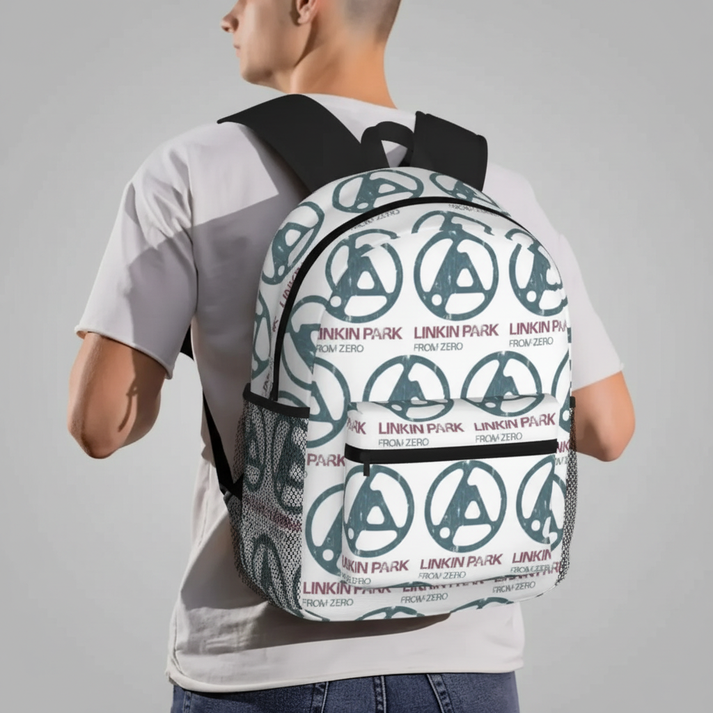 Linkin Park Backpack detail shot with grey backdrop showing zippers and pockets