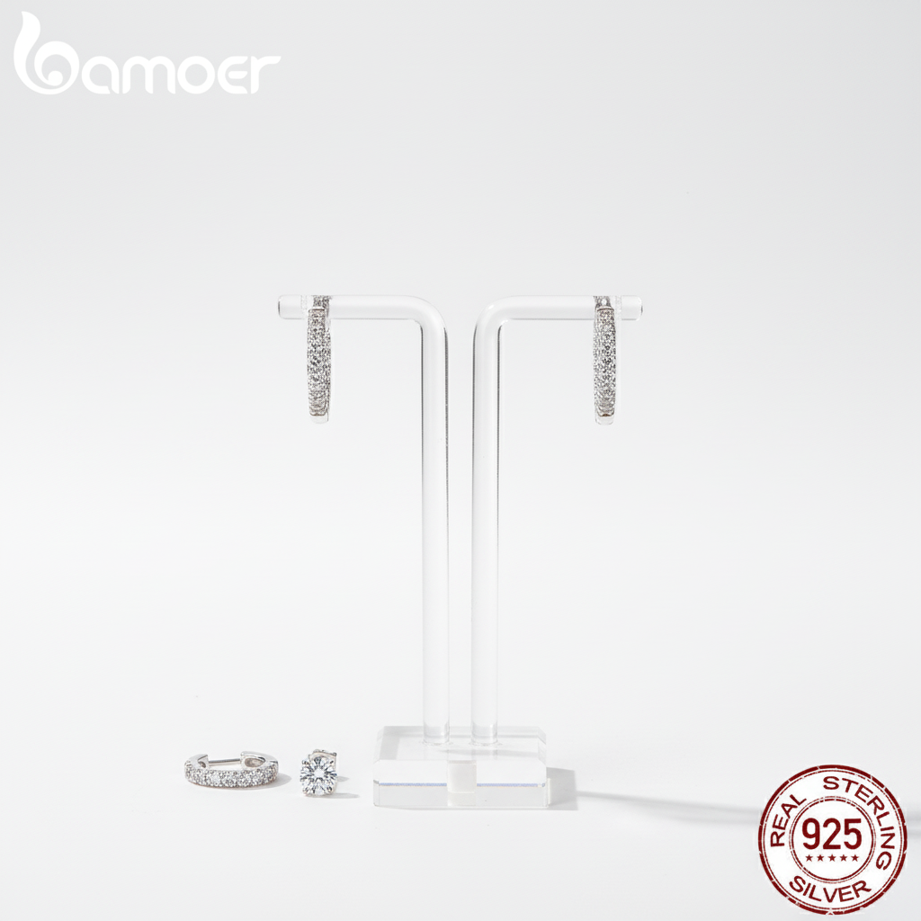 BAMOER 925 Sterling Silver Moissanite Hoop Earrings on minimalist stand