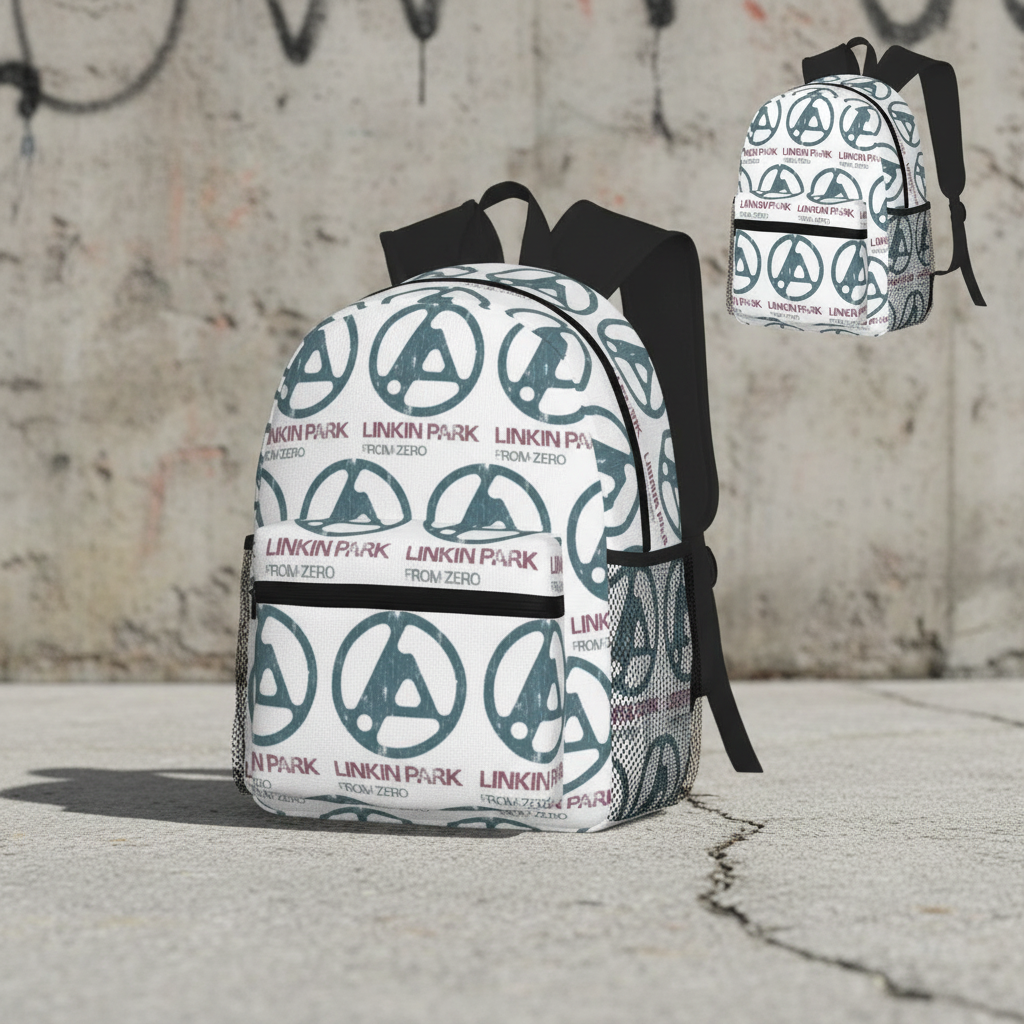 Linkin Park Backpack side view against urban concrete wall