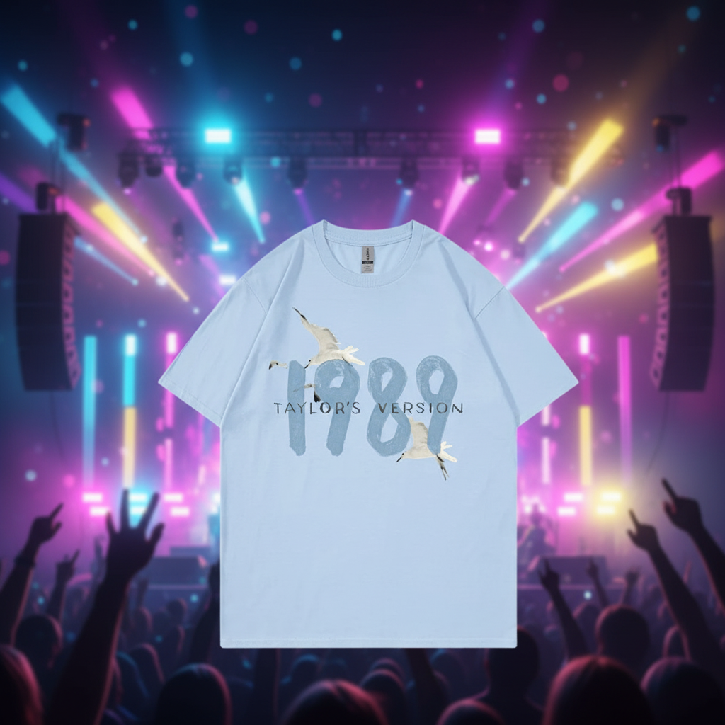 Taylor Swift 1989 Tee back view in pop music venue with colorful lighting