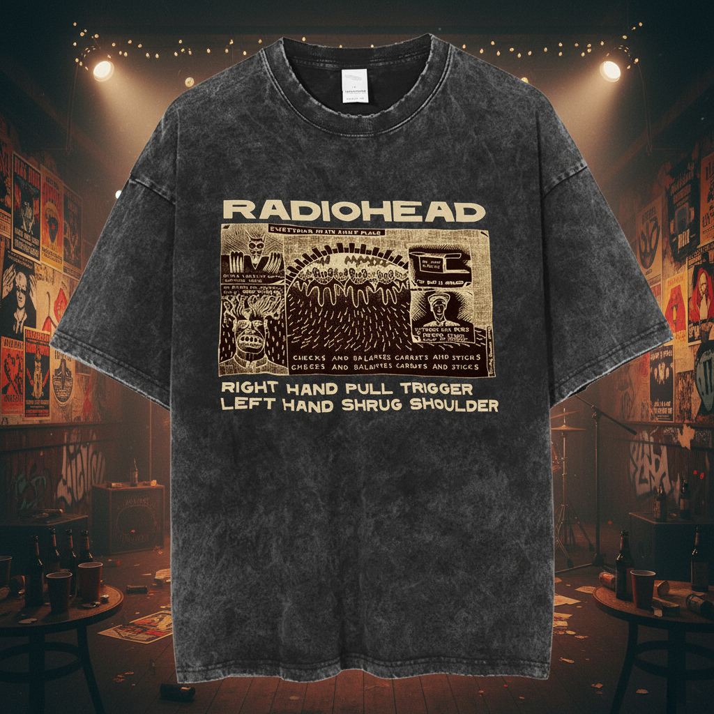 Radiohead Rock Band Tee in vintage music venue with posters