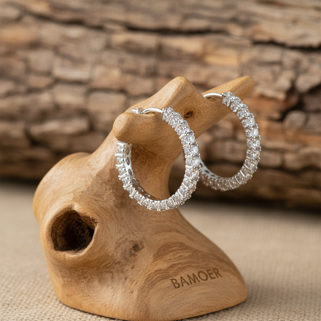 BAMOER 925 Sterling Silver Moissanite Hoop Earrings on wooden display