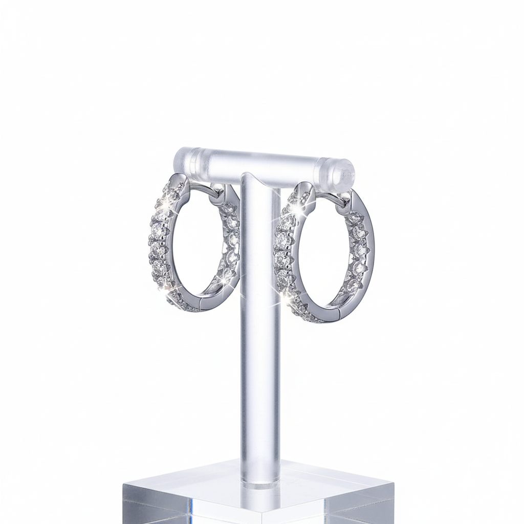 BAMOER 925 Sterling Silver Moissanite Hoop Earrings on acrylic display stand