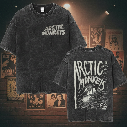 Arctic Monkeys Rock Band T-Shirt in indie music venue with concert posters
