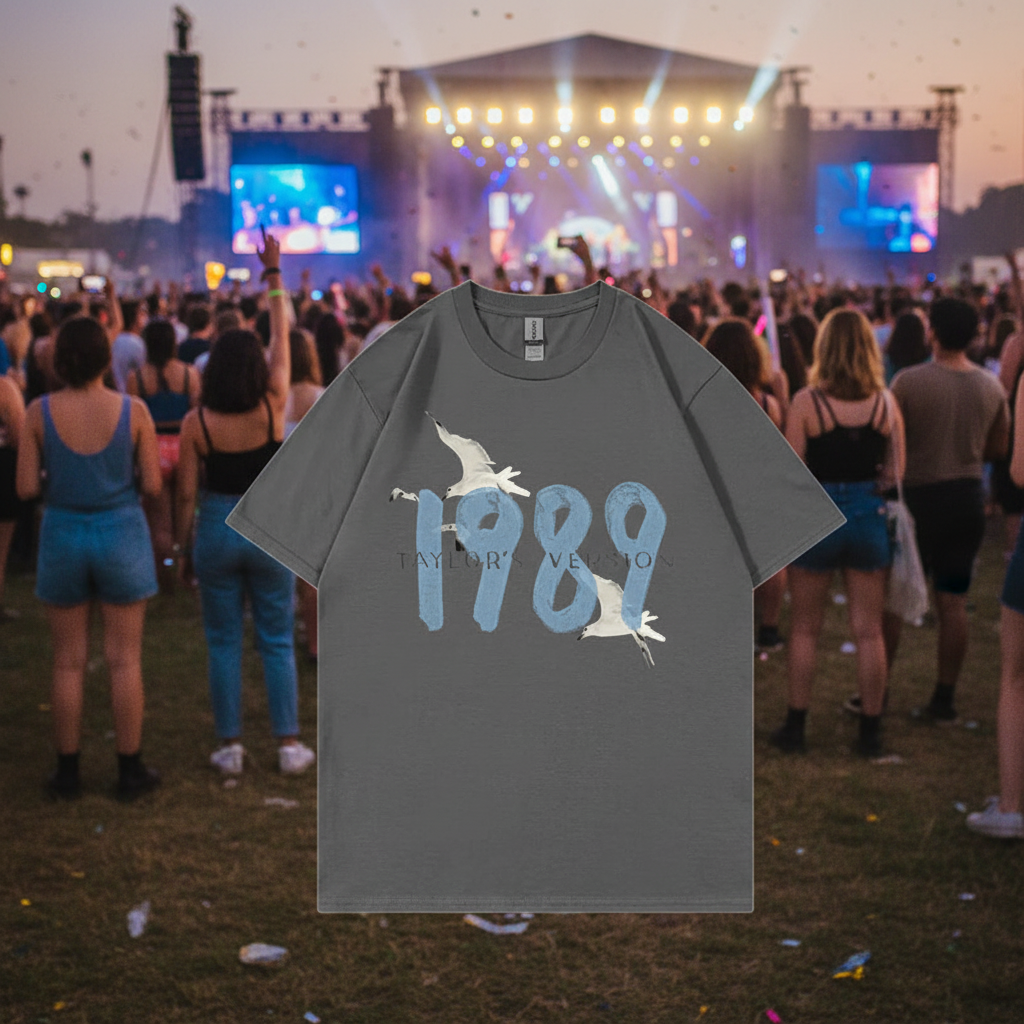 Taylor Swift 1989 T-Shirt on model at music festival outdoor setting
