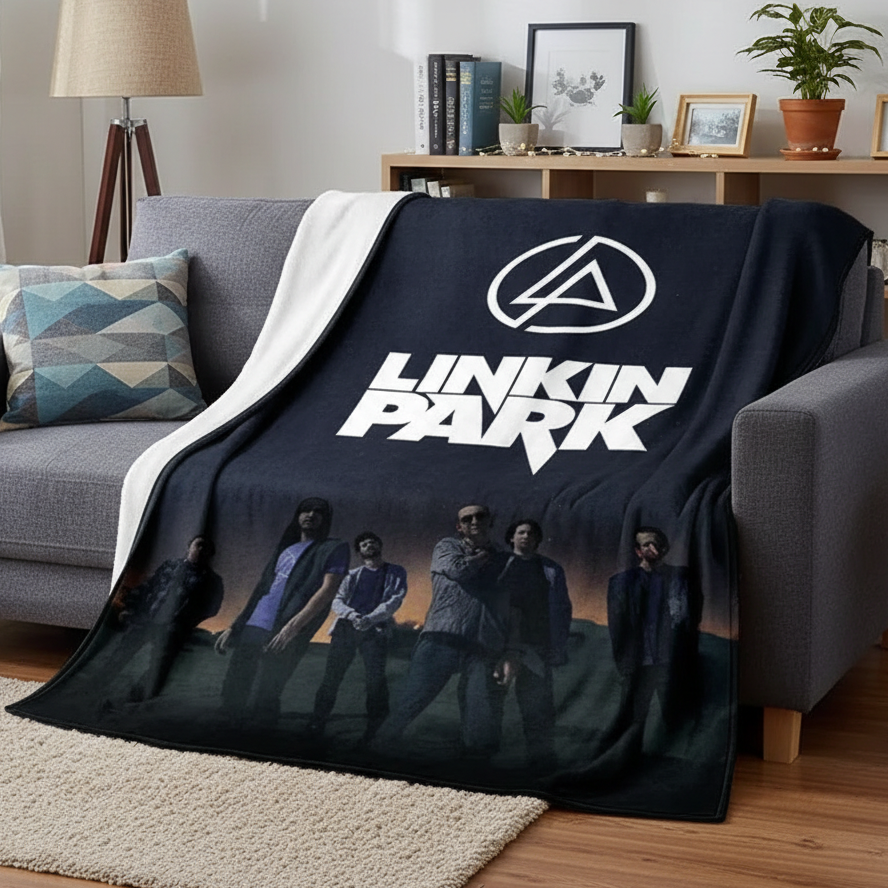 Linkin Park Retro Flannel Throw Blanket on cozy living room sofa