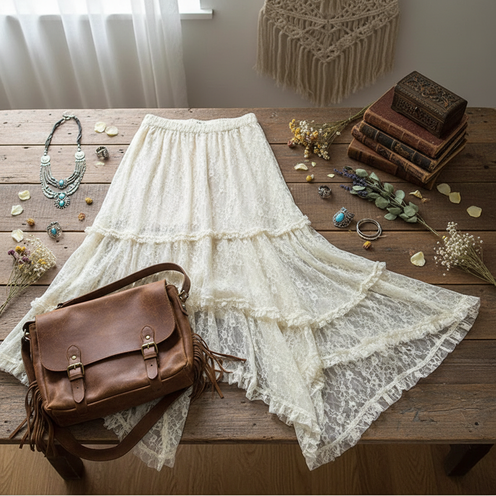 Flat lay styled vintage lace skirt with boho accessories