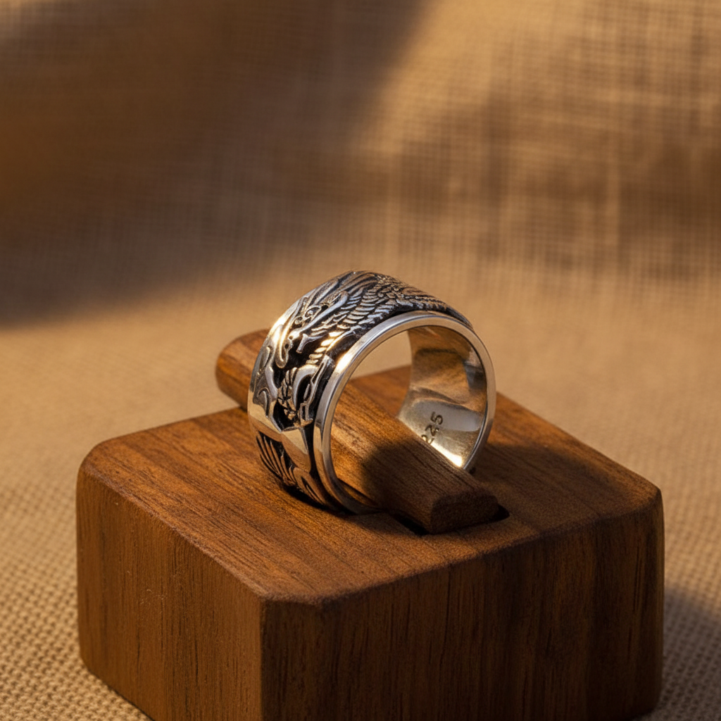 S925 Sterling Silver Viking Ring on wooden jewelry display