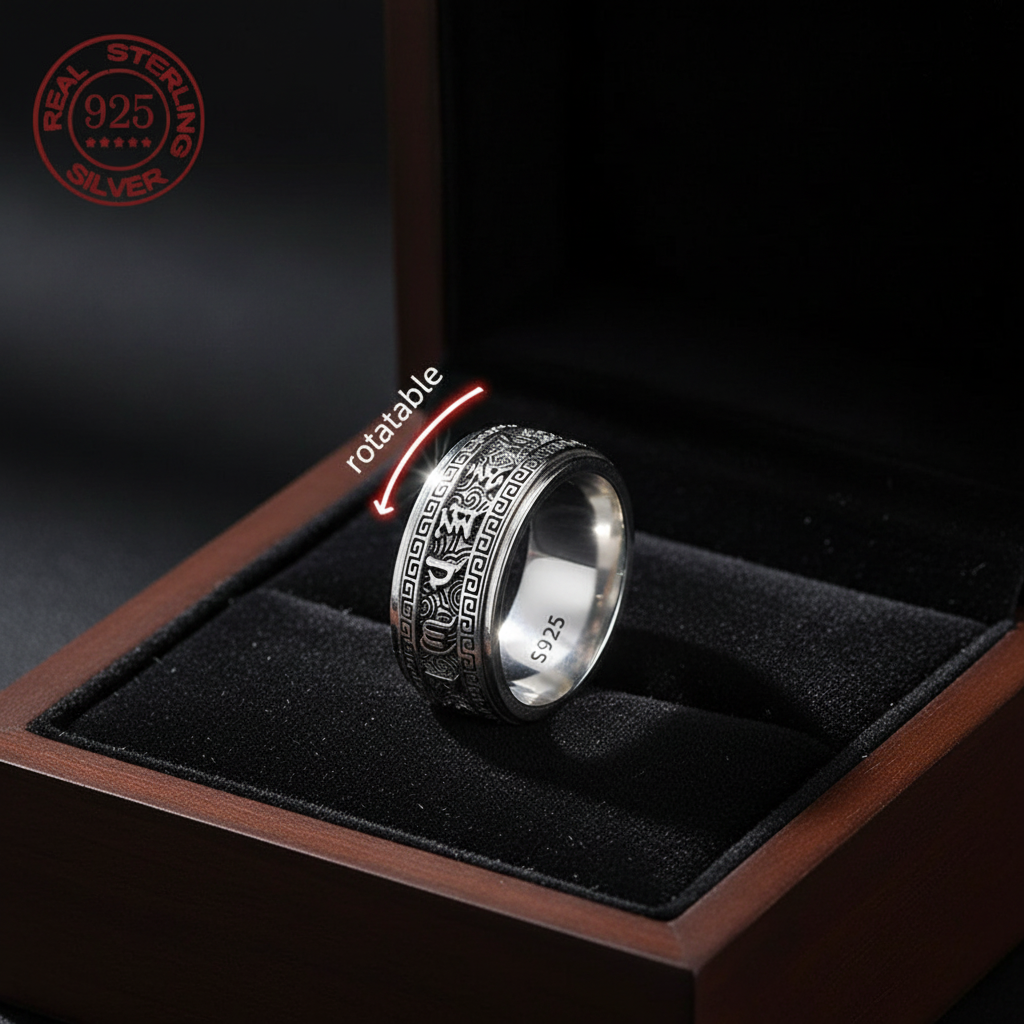S925 Sterling Silver Viking Ring on dark velvet cushion in presentation box