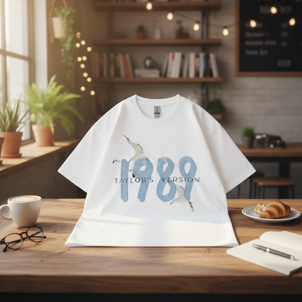 Taylor Swift 1989 Oversized Tee in casual coffee shop