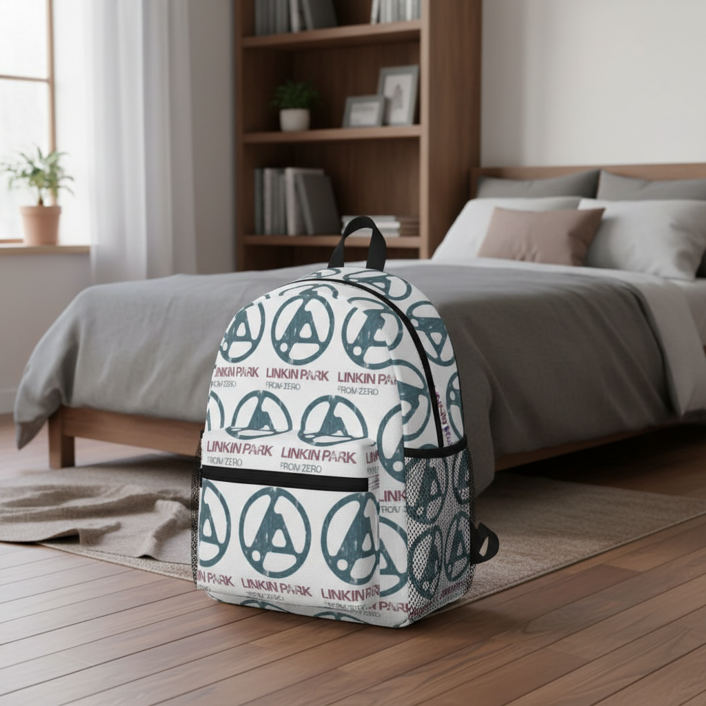 Linkin Park Backpack in bedroom setting with bookshelf