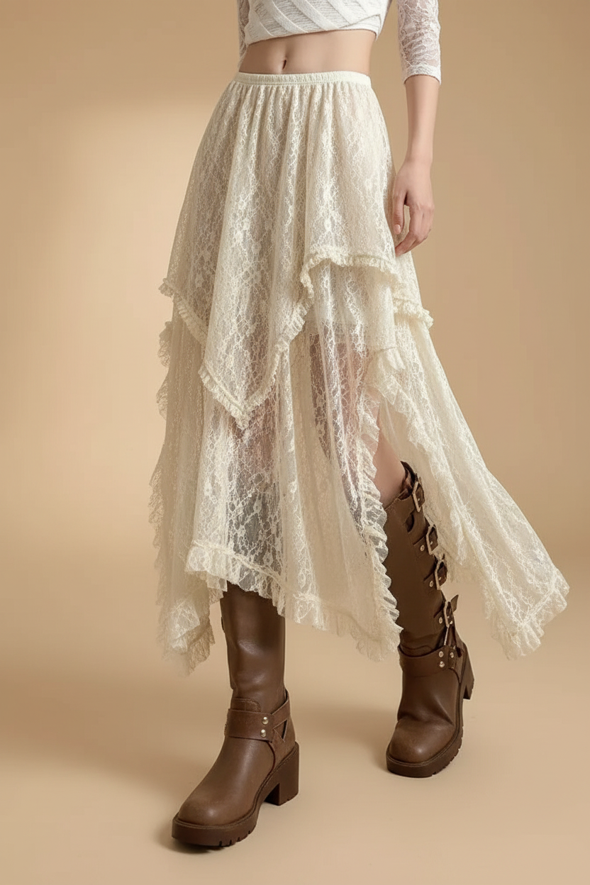 Premium studio photography of vintage Y2K lace asymmetrical skirt
