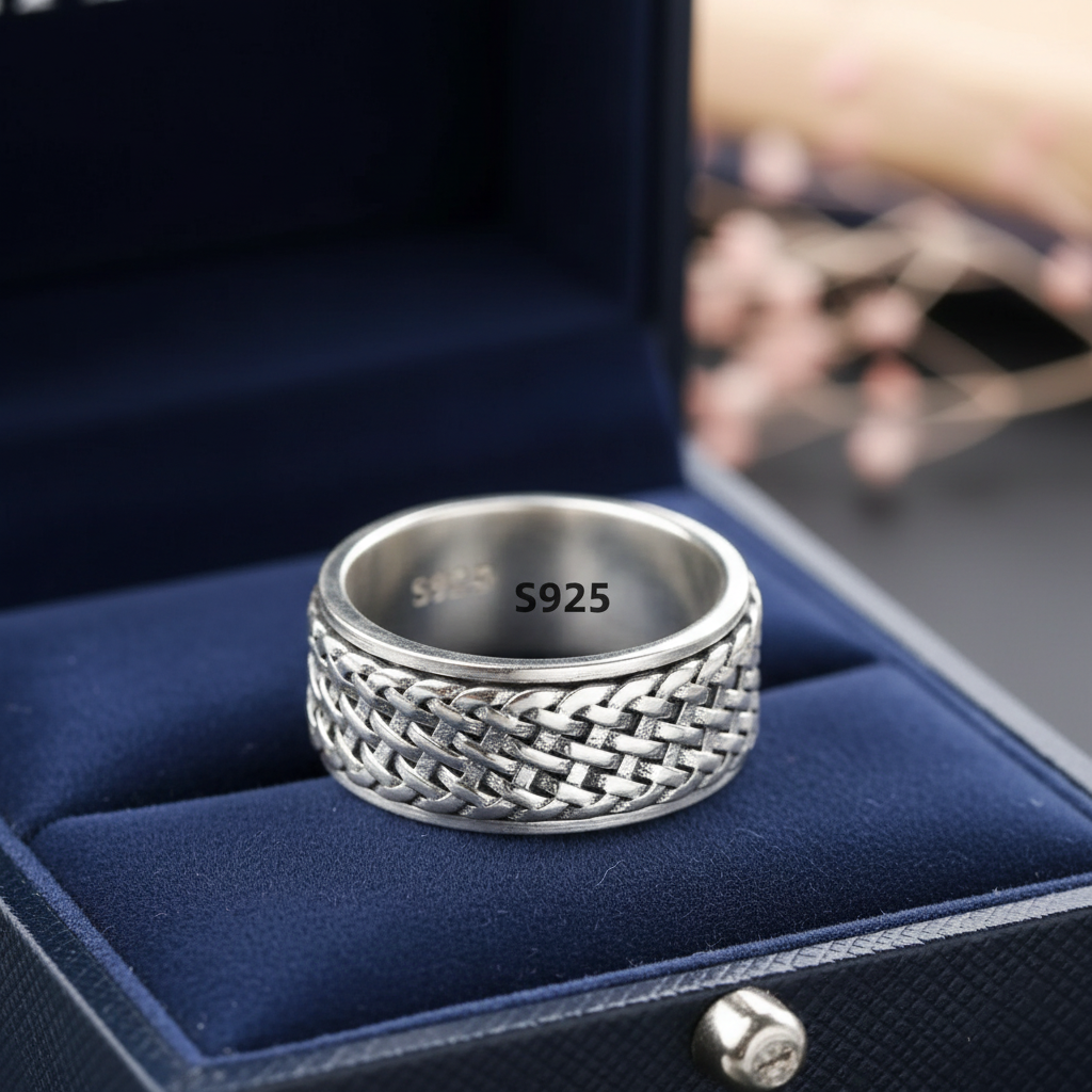 S925 Sterling Silver Viking Ring displayed on luxury jewelry box with velvet interior