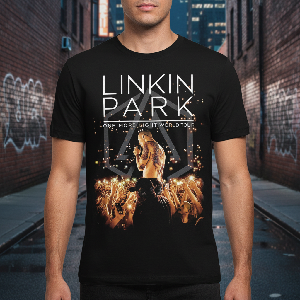 Linkin Park Tribute T-Shirt on model in urban street setting