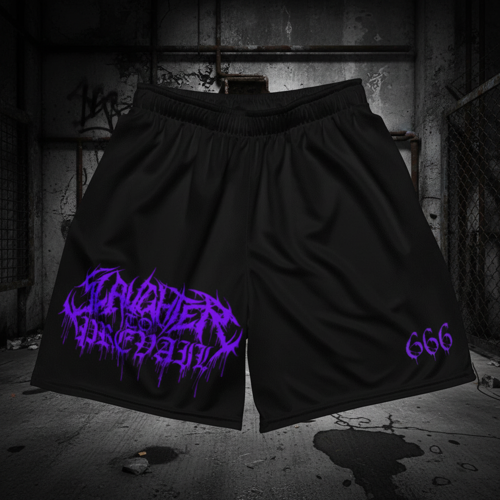 Slaughter To Prevail Mesh Shorts in dark gothic urban setting with metal aesthetic